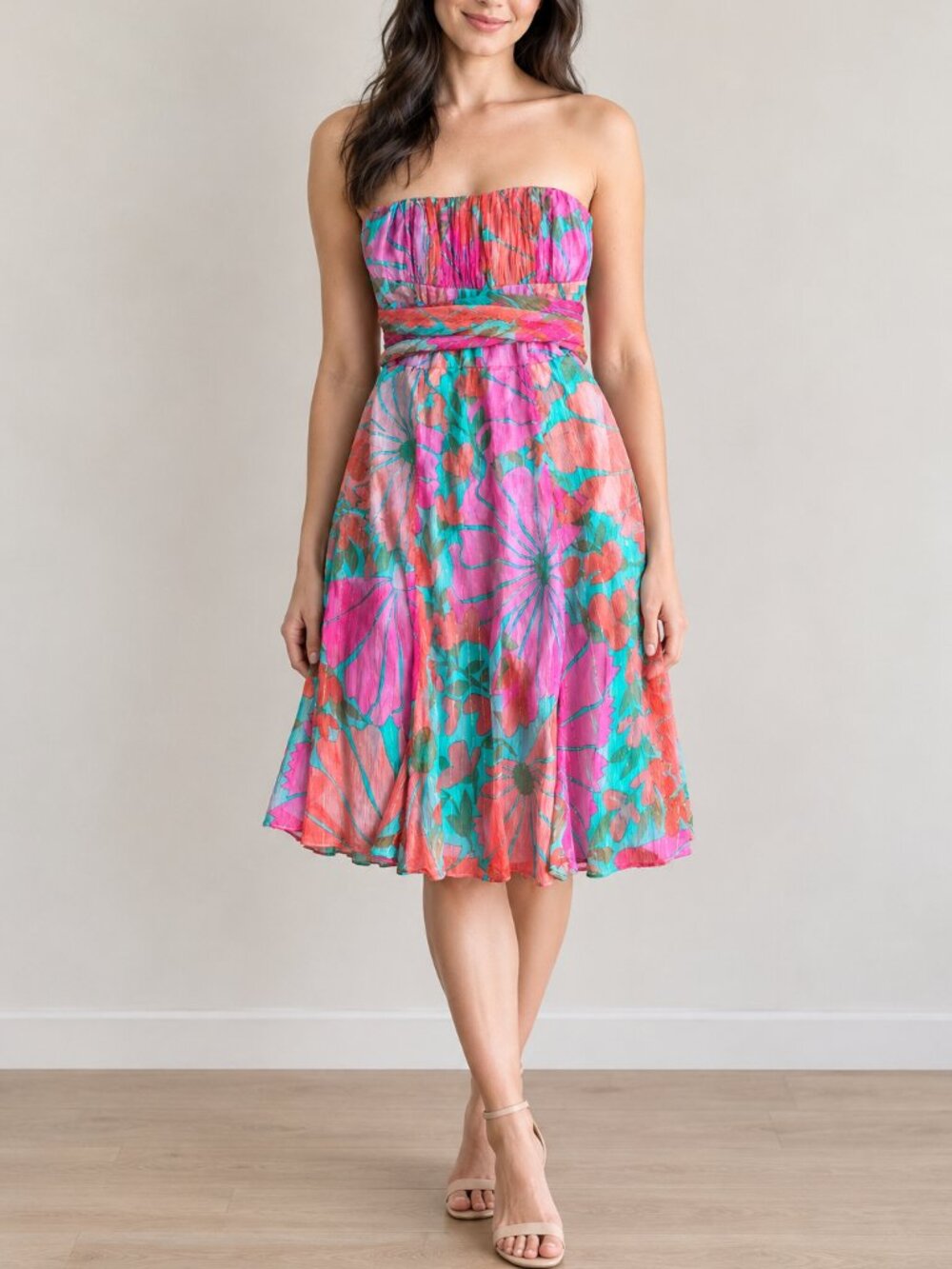 Nanette Lepore strapless dress 6 teal pink orange